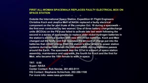 FIRST ALL-WOMAN SPACEWALK REPLACES FAULTY ELECTRICAL BOX ON SPACE STATION